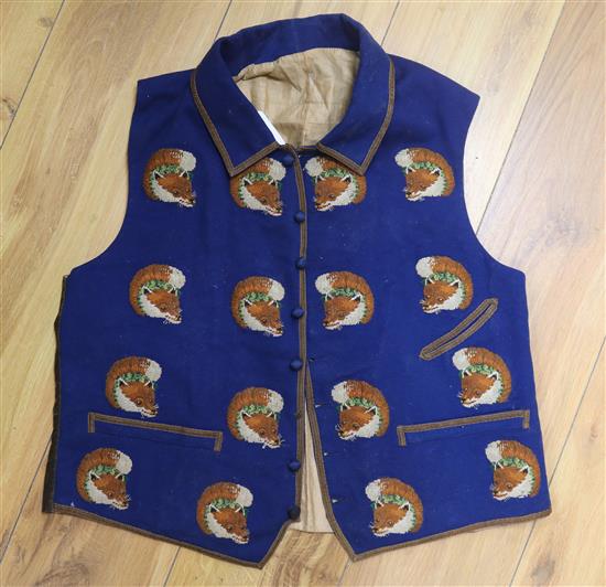 A Victorian gentlemans felt waistcoat embroidered with fox head motifs